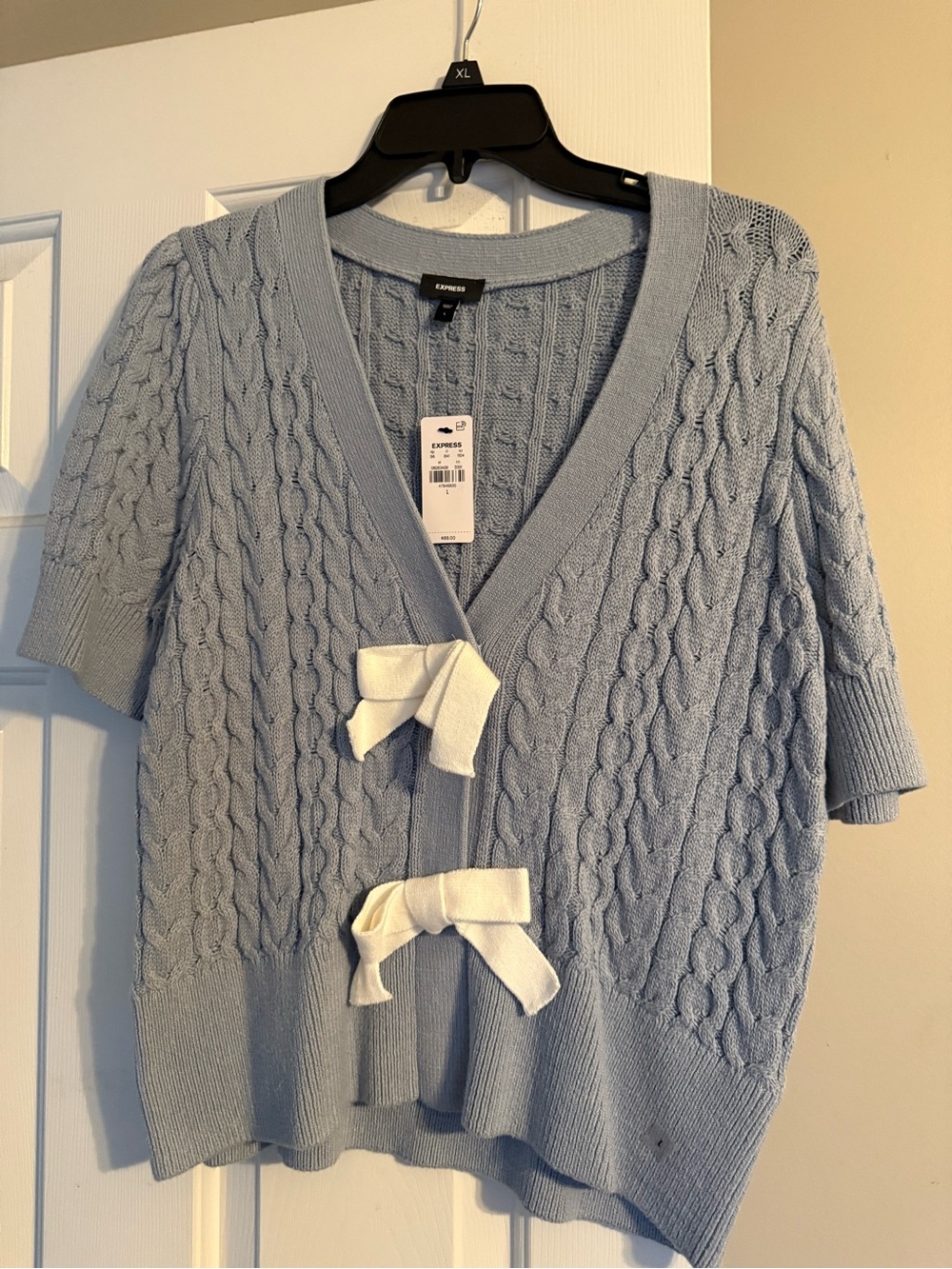 Express Pastel Blue Cable-Knit Short Sleeve Cardigan with White Bow Ties